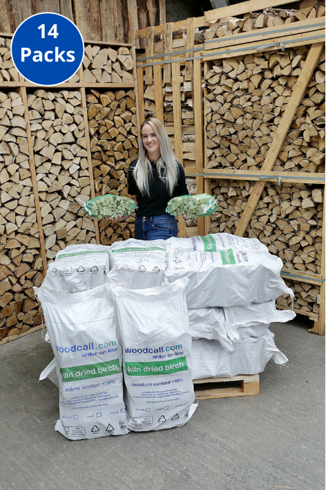 14 Packs of Kiln Dried Logs (1m³ approx) & 2 FREE Kindling Deal